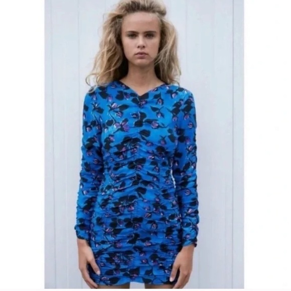 NWT Zara Draped Ruched Floral Print Long Sleeve Mini Bodycon Dress Size XS Blue - Picture 8 of 17